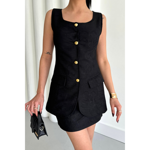 Conjunto de Chaleco y Falda Corta de Lino Jacquard para Mujer, Color Negro - Product Image 2