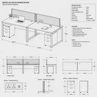 Poste de travail de bureau modulaire contemporain moderne, assemblage facile, structure robuste en pierre, bureau pour 4 employés à usage commercial, sans LED
