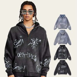 Sweat-shirt à capuche vintage brodé de style rétro, lavé, imprimé intégral, 100% coton, ample, fermeture éclair, automne - Product Image 1