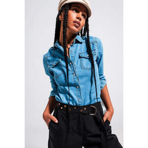 Camisa de Mezclilla Azul Medio con Decoración de Botones - Product Image 1