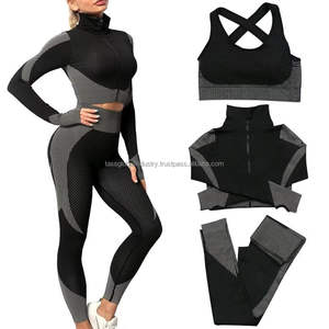 Conjunto de Yoga de 3 Piezas para Mujer, Diseño Personalizado OEM, Textura de Panal, Chaqueta con Cierre Completo, Sujetador Deportivo Cruzado y Leggings de Cintura Alta para Gimnasio - Product Image 2