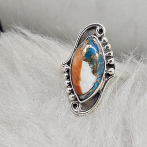 แหวนพลอยสีเทอร์ควอยส์ดอกรักเร่ธรรมชาติทำด้วยมือแหวนดีไซเนอร์เงินสเตอร์ลิง925กับขอบของผู้หญิง - Product Image 5