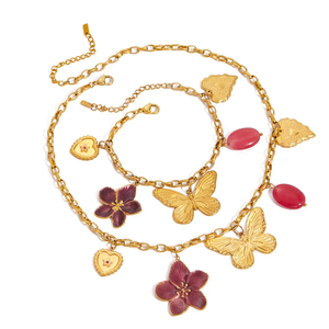 Stainless Steel Necklace and <b>Bracelet</b> <b>Set</b> for Women Heart Pendant Natural Stone Pink Diamond Red Flower Butterfly & Star Design - Product Image 1