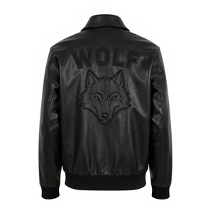 Chaqueta Bomber de Lona y Cuero Genuino Negra Personalizada para Hombre, con Parche Bordado de Lobo, Estilo Urbano Ecológico, Casual, Resistente al Viento, para Invierno - Product Image 2