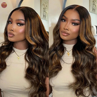 Perruque Lace Front Ondulée Balayage avec Mèches, Pré-Pluckée, Dentelle HD Transparente, Densité 200, Sans Colle, pour Femmes Noires