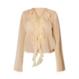 Robe à manches longues en mousseline de soie beige personnalisée à volants encolure plongeante pour tenue décontractée ou de fête-Bon prix Nouveau produit - Product Image 2
