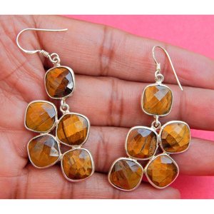 Boucles d'oreilles en pierres précieuses œil de tigre naturel faites à la main 925 bijoux en argent sterling cadeau à la mode pour les filles femmes oeil de tigre à facettes - Product Image 1