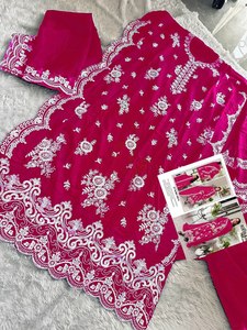 Estilo indio pakistaní señoras rayón algodón seda césped tela Rani Color mano bloque impreso Semi Stitch diseñador traje Dupatta conjunto - Product Image 5