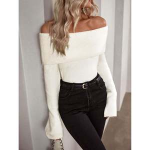 Pull en tricot côtelé à manches longues et épaules dénudées pour femme, couleur blanc cassé, pour l'automne et l'hiver - Product Image 2