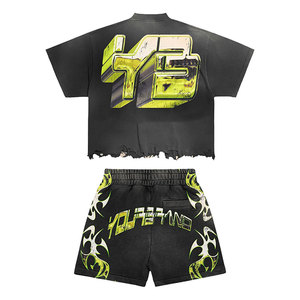 ELYSIAN INDUSTRIES เสื้อยืดสตรีทแวร์ผู้ชายชุดกางเกงขาสั้นพิมพ์ลายคอกลมชุดฤดูร้อนสีดำสีเขียวสีเหลืองผ้าฝ้าย 100% - Product Image 2
