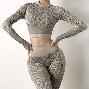 Taille haute femmes imprimé serpent Gym à manches longues Yoga ensemble 2022 vêtements de sport peau de serpent tenue porter haut court survêtement - Product Image 5