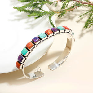 Violet/Vert Cuivre Turquoise Éponge Corail Femmes Bracelet Ouvert Pur 925 Solide En Argent Sterling Double Pierre Bracelet Bracelets - Product Image 2
