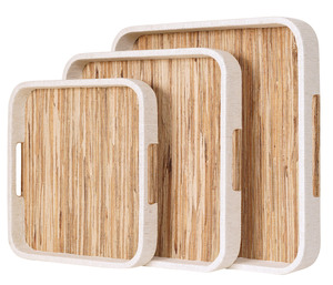 Ensemble 3 plateaux décoratifs de rangement en bois de bambou rectangulaire moderne coin arrondi mariage Ramadan thème MAGNOLIA - Product Image 1