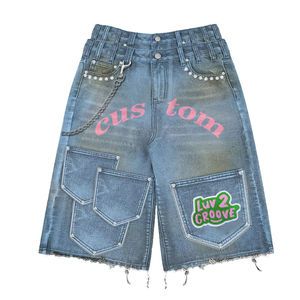 Short décontracté personnalisé de haute qualité Short en jean à ourlet brut lavé vieilli Short en jean à double taille avec broderie vintage en strass - Product Image 5