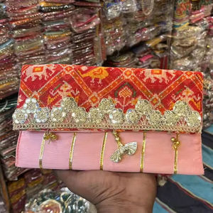 Wholesale Handmade Patola & Satin Combination Clutch With Golden Lace for Women Evening Clutches Indian Handbags <b>Wedding</b> <b>Favour</b> - Product Image 1