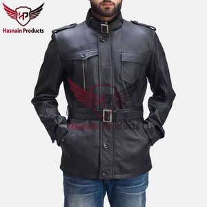 Manteau de blazer long et élégant noir pour hommes, pardessus avec cuir de vachette véritable en peau de mouton et fausse fourrure pour veste de moto - Product Image 6