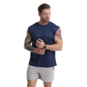 Chaleco de hombre de cuello redondo de Color sólido azul de alta calidad sin mangas con logotipo personalizado de algodón transpirable de Color sólido - Product Image 5