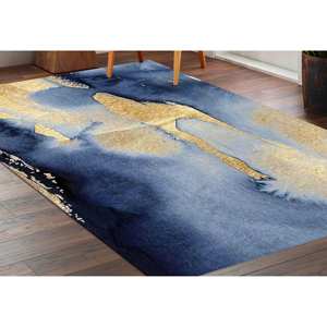 พรมปูพื้นสีฟ้าและสีทองแบบแอบสแตรก: พรมกันลื่นที่ทันสมัยพรมบางๆแบบไม่ทอ - Product Image 3