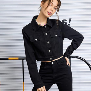 Vente en gros de vestes en jean de couleur noire pour femmes de haute qualité OEM printemps automne veste en jean pour femmes de base pour femmes tout personnalisé - Product Image 3