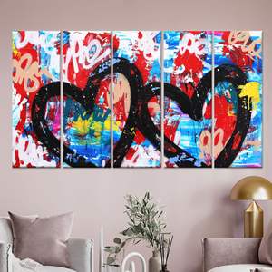 Impresión en lienzo con grafitis de corazones: decoración de pared contemporánea con temática de amor, lienzo enrollado de 5 piezas - Product Image 1