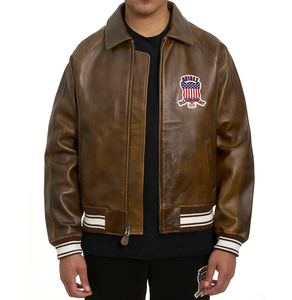 Amirez Men's Brown Genuine Leather Bomber Jacket American Flag Patch Zipper Closure HIGH STREET Style Stand Collar Breathable - Product Image 1