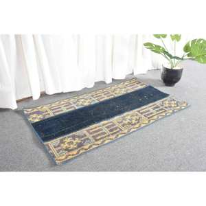 Tapis traditionnel en laine Patchwork bleu jaune 1.9x3.4 pieds fait à la main turc Jacquard tissage Latex pour couloir chambre tapis de chevet - Product Image 3