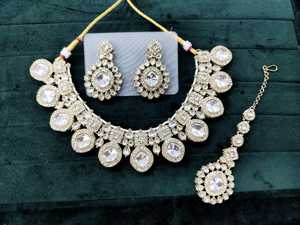 Pendientes de circón chapados en oro fino de piedra de sombra étnica india antigua tradicional, conjunto de joyería para boda de mujer, ocasión nupcial - Product Image 2