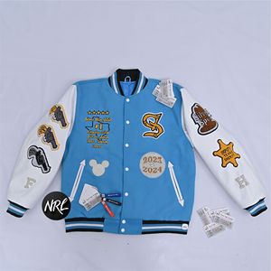 Wholesale High Quality Mens Blue Varsity <b>Jackets</b> With Embroidered Patches And Silver Spur Design Casual Autumn Wear Breathable - Product Image 1