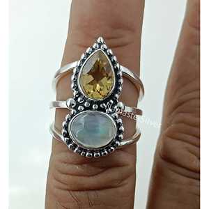 925 Sterling Silver Handmade <b>Statement</b> <b>Ring</b> for Women Natural Citrine and Rainbow Moonstone November Birthstone Gift - Product Image 3