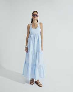 Look décontracté longueur cheville robe longue 100% coton tissu confortable col rond bohème robe longue à plusieurs niveaux - Product Image 1