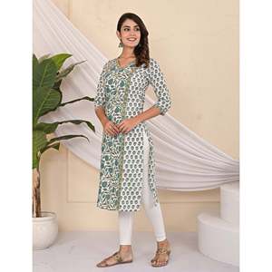 Cotton <b>Block</b> <b>Printed</b> Sea Green Jaal Kurti Traditional Indian Ethnic Floral <b>Printed</b> Long Stitched Rayon Daily Wear for Party - Product Image 4