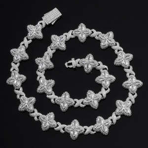 Luxury Unisex's 925 Silver Moissanite Bezel Setting <b>Statement</b> <b>Necklace</b> Flower Design Marquise Cut Rhodium Plated Link Chain - Product Image 1