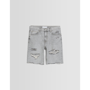 Bermuda déchiré en denim pour hommes, pantalon gris respirant avec fond brut, conception baggy, motif solide, service OEM disponible - Product Image 3