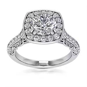 Bague de fiançailles de mariage en or blanc massif 14K Original Halo Set Three Side Pave Moissanite Diamond Fine Rings - Product Image 3