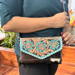 กระเป๋าสตางค์พาดลำตัวหนังด้วยมือคุณภาพสูงสำหรับผู้หญิงกระเป๋าสตางค์หนังวัวสีเทอร์ควอยซ์แบบตะวันตก - Product Image 3