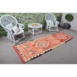 Alfombra Turca Vintage, Alfombra Kilim de 2.8x9.4 pies, Alfombra a Cuadros Roja y Gris - Product Image 2
