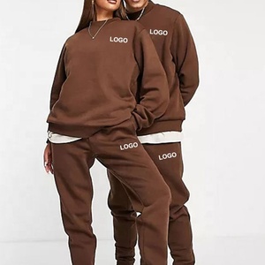 Custom Men Winter Streetwear <b>Hoodies</b> and Jogger Sets Solid Logo Brown Sweatsuit Unisex Loose 100% Cotton Fleece Tracksuit - Product Image 4