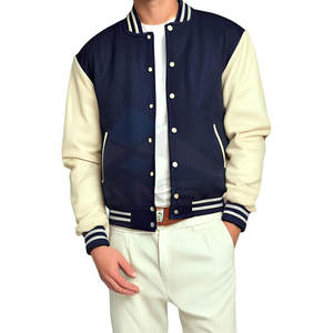 Veste universitaire pour homme de haute qualité, manches en cuir, corps en laine mélangée, bordure côtelée, doublure légère et chaude, bleu marine crème - Product Image 3