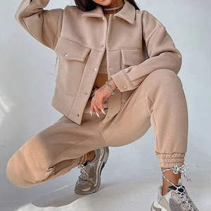 Ensemble de survêtement 2 pièces pour femme, couleur unie, haut court à manches longues, sweat-shirt décontracté, jogging, hiver 2026 - Product Image 5