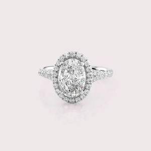 IGI Certified Oval Cut Lab Grown Diamond Halo Engagement-Wedding Ring with Pave Band in <b>Solid</b> 925 Sterling <b>Silver</b> - Product Image 1
