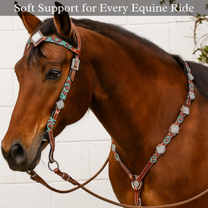 Top quality western <b>leather</b> horse Headstall and Breastplate with beads design and beautiful rhinestones conchos - Product Image 2