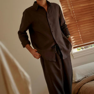 Set pigiami a maniche lunghe in cotone di lino e <span class=keywords><strong>pigiama</strong></span> da <span class=keywords><strong>uomo</strong></span> <span class=keywords><strong>camicia</strong></span> con bottoni e pantaloni biologici da <span class=keywords><strong>uomo</strong></span> - Product Image 6