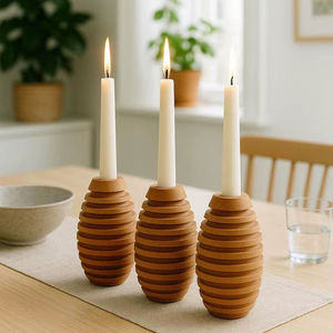 Porte-bougie conique en bois nervuré, forme de ruche nordique, bougeoir décoratif pour table, centre de table de salle à manger, design minimaliste - Product Image 1