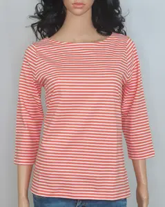 T-Shirt da donna di qualità per l'esportazione all'ingrosso in cotone arancione e bianco con stampa a righe 3/4a manica per le signore comode top