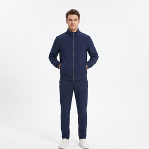 Ensemble de survêtement deux pièces zippé pour homme en polyester/spandex épais délavé, coupe-vent à col montant uni, séchage rapide - Product Image 1