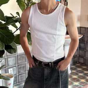 Débardeur blanc côtelé épais pour homme, débardeur d'été slim sans manches, débardeur de fitness et de sport américain - Product Image 1