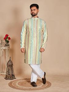 Manyavar Original Designer Hommes Mariage Kurta Pyjama Classique Georgette Riche Fil À Broder Travail Soie Matériel Gaufré Fait - Product Image 4
