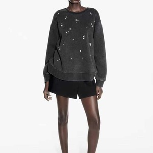 Sweat-shirt en molleton doublé thermique de haute qualité pour femme, à manches longues et col rond, avec imprimé perles sur le devant, idéal automne/hiver - Product Image 2