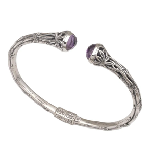 Bracelet manchette en bambou en argent sterling avec améthyste Bracelet de pierres précieuses fait à la main réglable bijoux en argent élégant vente en gros - Product Image 3
