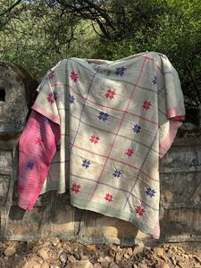 Vintage Cotton Kantha <b>Quilt</b> Reversible Handmade Block Print Bed Cover <b>Throw</b> Blanket - Product Image 1